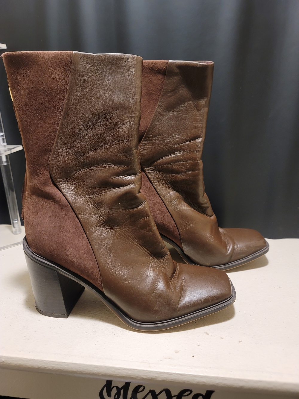 Sarto Brown Leather and Suede Mid-Calf Heel Boots
